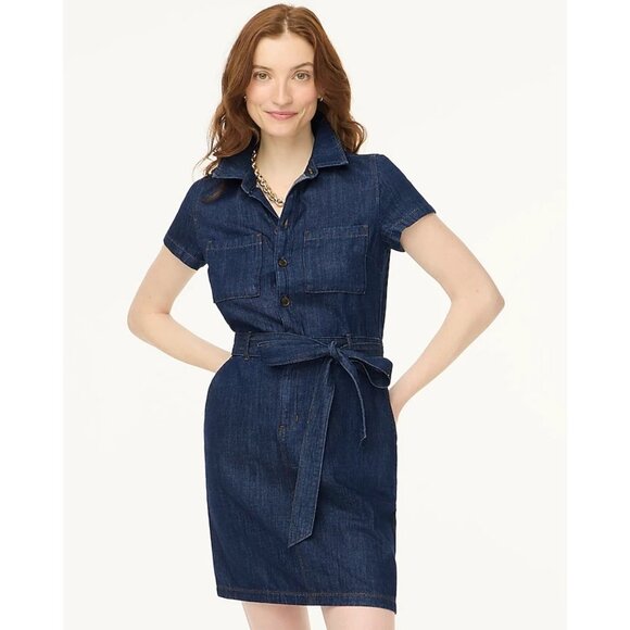 J. Crew Factory Denim Utility Mini Dress in Blue Rinse Size 00 Belted Casual NWT - Picture 5 of 16